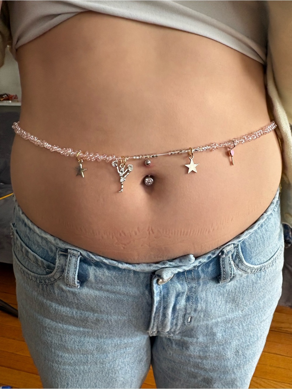 Delicate Pink Crystal Charm Belly Chain with Star Accents